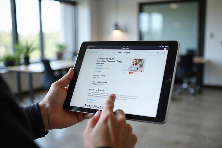 Ένα χέρι δείχνει σε ένα tablet που εμφανίζει έναν ιστότοπο με περιεχόμενο, σε ένα μοντέρνο γραφείο