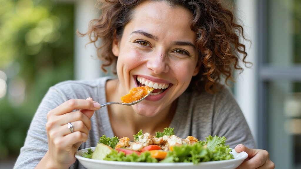 Ευτυχισμένη γυναίκα που απολαμβάνει ένα υγιεινό γεύμα
